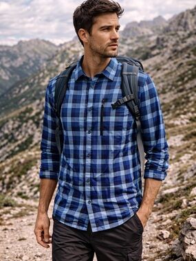 Helly Hansen Plaid Button Down Shirt Men M Blue Outdoor Hiking Flannel